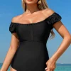 Outlet Dear-Lover Elastic Neckline Short Sleeve One Piece Swimsuit Black