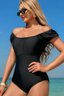 Outlet Dear-Lover Elastic Neckline Short Sleeve One Piece Swimsuit Black