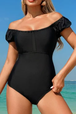 Outlet Dear-Lover Elastic Neckline Short Sleeve One Piece Swimsuit Black