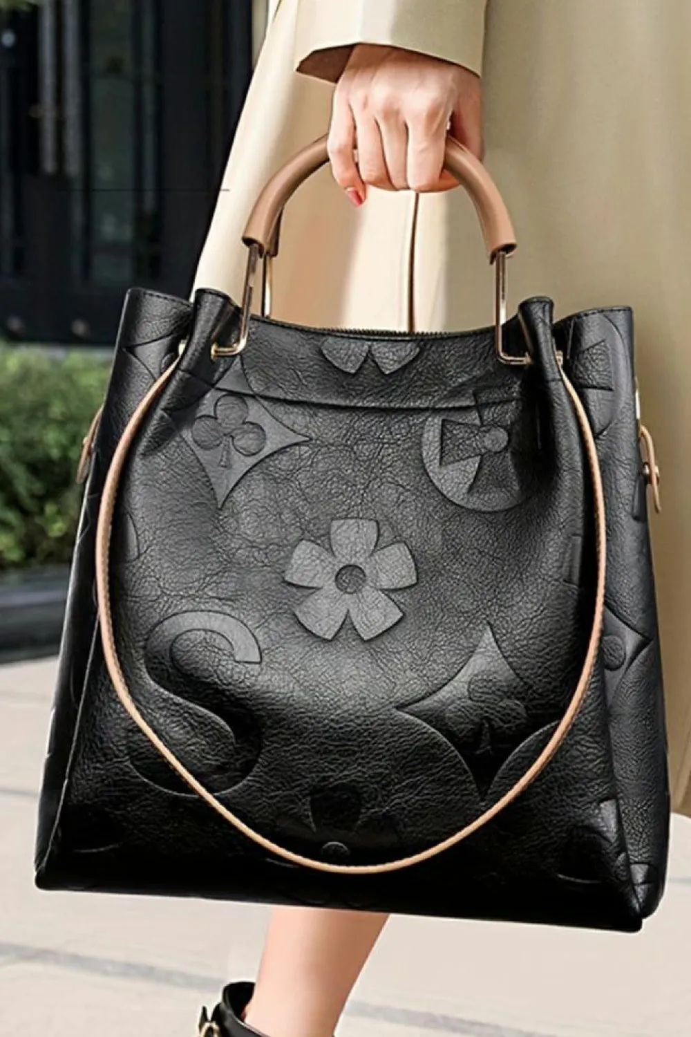 Best Dear-Lover Embossed Leather Multi-functional Shoulder Bag with Handle Black