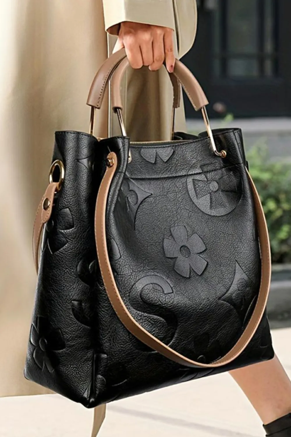 Best Dear-Lover Embossed Leather Multi-functional Shoulder Bag with Handle Black