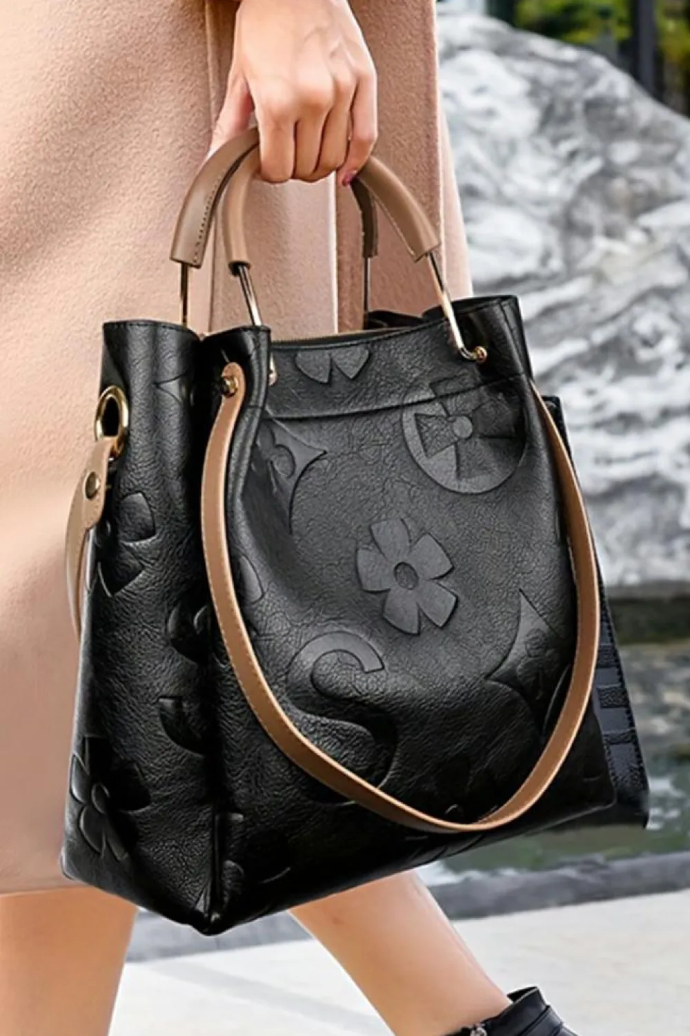 Best Dear-Lover Embossed Leather Multi-functional Shoulder Bag with Handle Black