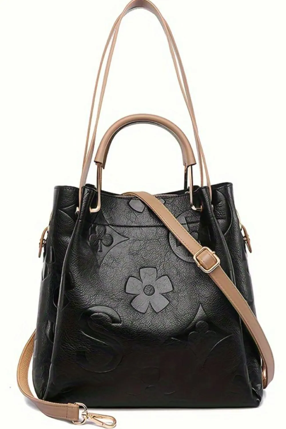 Best Dear-Lover Embossed Leather Multi-functional Shoulder Bag with Handle Black