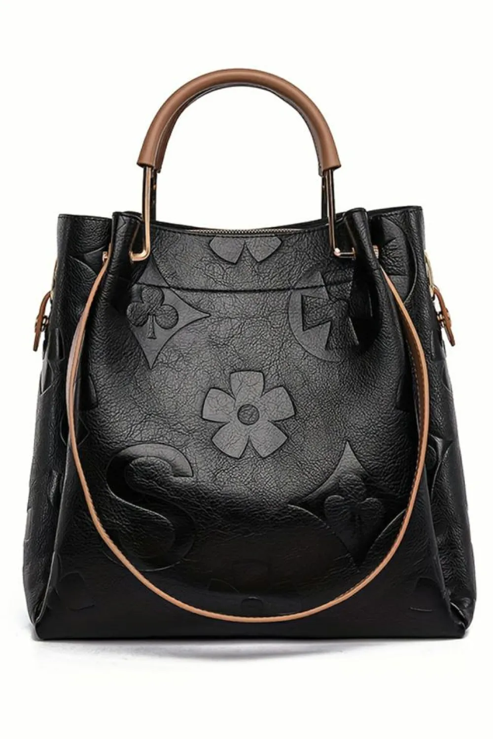 Best Dear-Lover Embossed Leather Multi-functional Shoulder Bag with Handle Black