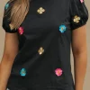 Best Dear-Lover Embroidered Flower Short Puff Sleeve Tee Black