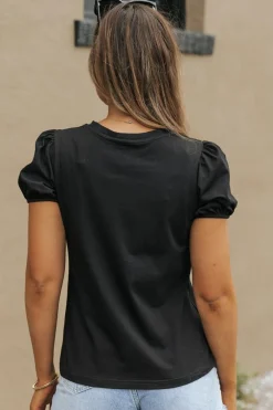 Best Dear-Lover Embroidered Flower Short Puff Sleeve Tee Black