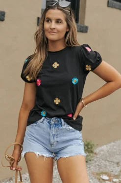Best Dear-Lover Embroidered Flower Short Puff Sleeve Tee Black