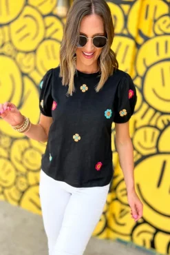 Best Dear-Lover Embroidered Flower Short Puff Sleeve Tee Black