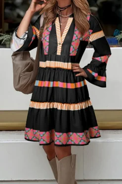 Sale Dear-Lover Ethnic Print Buttoned V Neck Bell Sleeve Ruffle Patchwork Dress Black