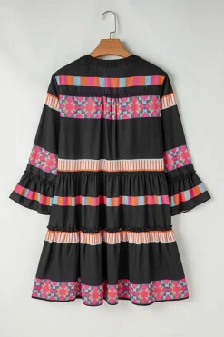 Sale Dear-Lover Ethnic Print Buttoned V Neck Bell Sleeve Ruffle Patchwork Dress Black