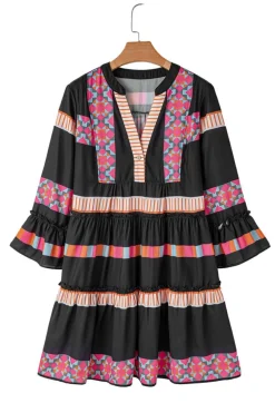 Sale Dear-Lover Ethnic Print Buttoned V Neck Bell Sleeve Ruffle Patchwork Dress Black