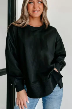 New Dear-Lover Exposed Seam Drop Shoulder Round Neck Sweatshirt with Slits Black