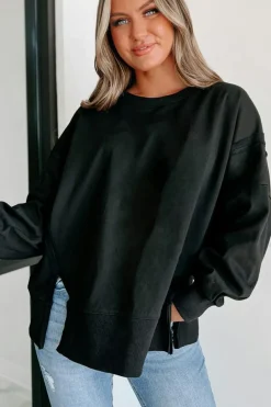 New Dear-Lover Exposed Seam Drop Shoulder Round Neck Sweatshirt with Slits Black