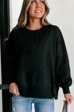 New Dear-Lover Exposed Seam Drop Shoulder Round Neck Sweatshirt with Slits Black
