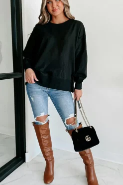 New Dear-Lover Exposed Seam Drop Shoulder Round Neck Sweatshirt with Slits Black
