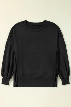 New Dear-Lover Exposed Seam Drop Shoulder Round Neck Sweatshirt with Slits Black