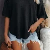 Discount Dear-Lover Exposed Seam Half Sleeve Knitted V Neck Textured Top Black