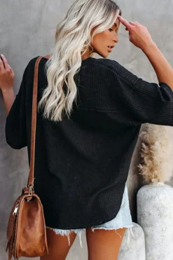 Discount Dear-Lover Exposed Seam Half Sleeve Knitted V Neck Textured Top Black