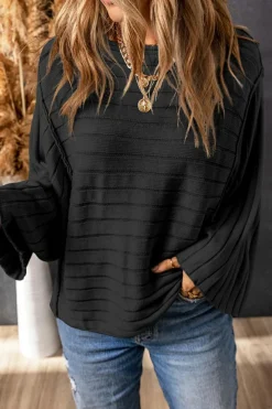 Online Dear-Lover Exposed Seam Ribbed Knit Dolman Top Black