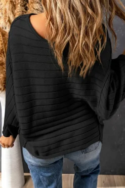 Online Dear-Lover Exposed Seam Ribbed Knit Dolman Top Black