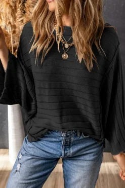 Online Dear-Lover Exposed Seam Ribbed Knit Dolman Top Black