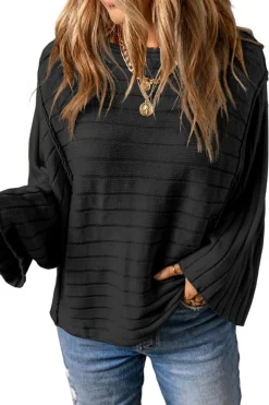 Online Dear-Lover Exposed Seam Ribbed Knit Dolman Top Black