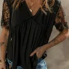 Discount Dear-Lover Eyelash Lace Sleeve V Neck Ruffle Babydoll Top Black