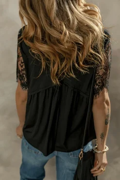 Discount Dear-Lover Eyelash Lace Sleeve V Neck Ruffle Babydoll Top Black