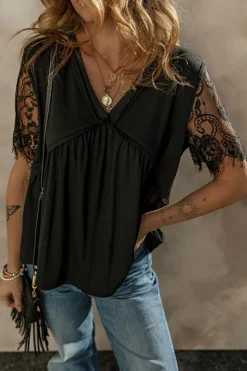 Discount Dear-Lover Eyelash Lace Sleeve V Neck Ruffle Babydoll Top Black