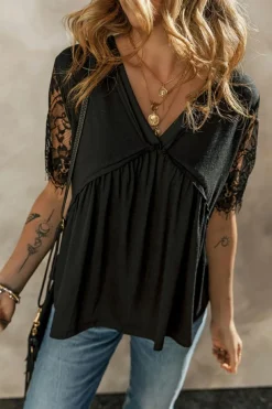 Discount Dear-Lover Eyelash Lace Sleeve V Neck Ruffle Babydoll Top Black