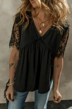 Discount Dear-Lover Eyelash Lace Sleeve V Neck Ruffle Babydoll Top Black
