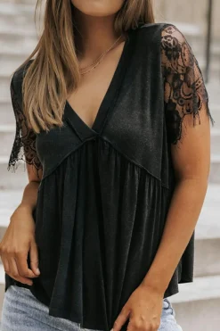 Discount Dear-Lover Eyelash Lace Sleeve V Neck Ruffle Babydoll Top Black
