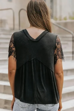 Discount Dear-Lover Eyelash Lace Sleeve V Neck Ruffle Babydoll Top Black