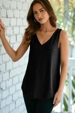Discount Dear-Lover Eyelet Knit Patterned Loose V Neck Tank Top Black