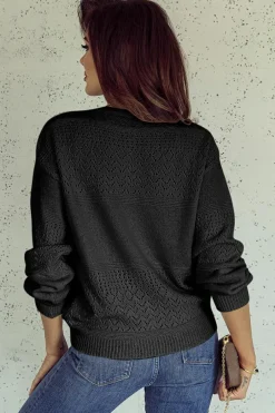 Outlet Dear-Lover Eyelet Pattern Detail V Neck Drop Shoulder Sweater Black
