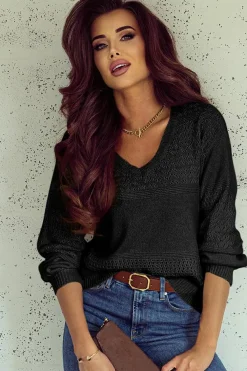 Outlet Dear-Lover Eyelet Pattern Detail V Neck Drop Shoulder Sweater Black