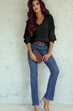 Outlet Dear-Lover Eyelet Pattern Detail V Neck Drop Shoulder Sweater Black