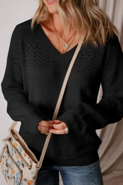 Outlet Dear-Lover Eyelet Pattern Detail V Neck Drop Shoulder Sweater Black