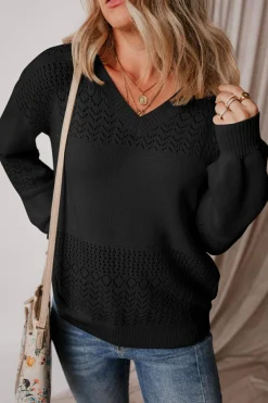 Outlet Dear-Lover Eyelet Pattern Detail V Neck Drop Shoulder Sweater Black