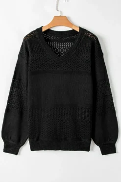 Outlet Dear-Lover Eyelet Pattern Detail V Neck Drop Shoulder Sweater Black