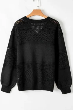 Outlet Dear-Lover Eyelet Pattern Detail V Neck Drop Shoulder Sweater Black