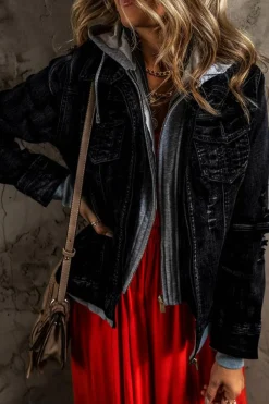 New Dear-Lover Fake Two-Piece Hooded Zip-Up Denim Jacket Black