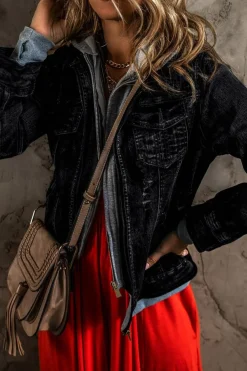 New Dear-Lover Fake Two-Piece Hooded Zip-Up Denim Jacket Black