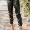 Discount Dear-Lover Faux Leather Ankle Smocked Waist Drawstring Joggers Black
