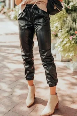 Discount Dear-Lover Faux Leather Ankle Smocked Waist Drawstring Joggers Black