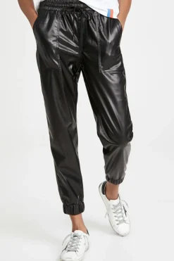 Discount Dear-Lover Faux Leather Ankle Smocked Waist Drawstring Joggers Black
