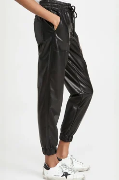 Discount Dear-Lover Faux Leather Ankle Smocked Waist Drawstring Joggers Black