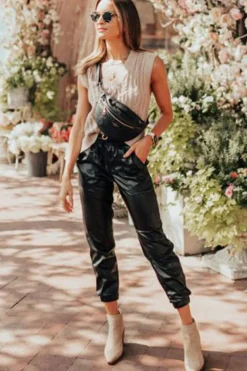 Discount Dear-Lover Faux Leather Ankle Smocked Waist Drawstring Joggers Black