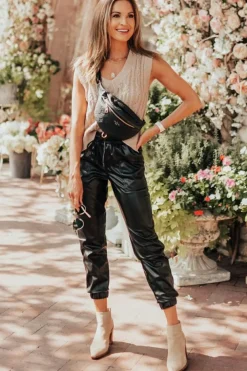 Discount Dear-Lover Faux Leather Ankle Smocked Waist Drawstring Joggers Black