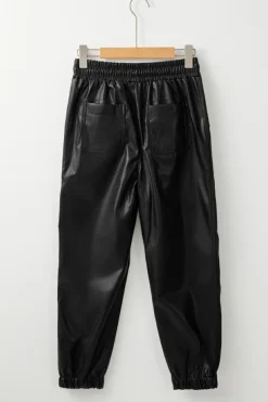 Discount Dear-Lover Faux Leather Ankle Smocked Waist Drawstring Joggers Black